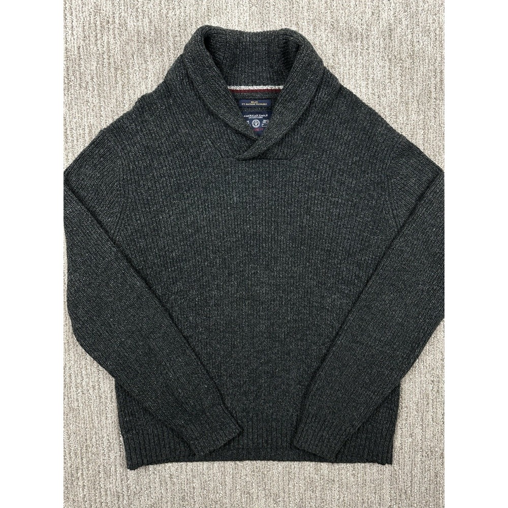 American Eagle Sweater Mens Sz L Black Speckled Athletic Fit Shawl Collar Wool